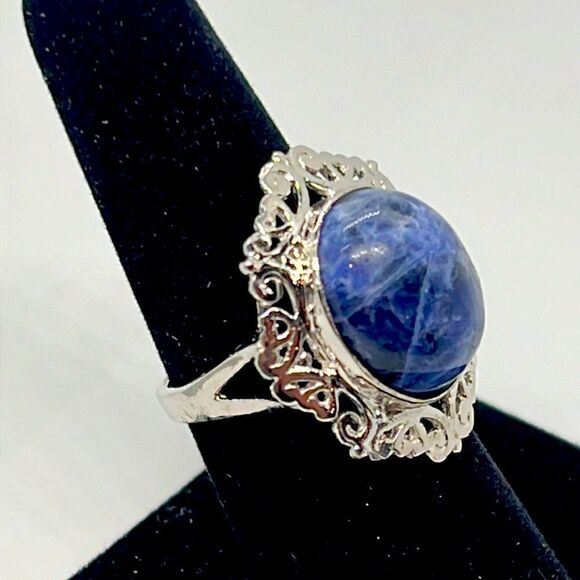 Beautiful Vintage Silver Ring With Blue Marbled Stone - Picture 4 of 6